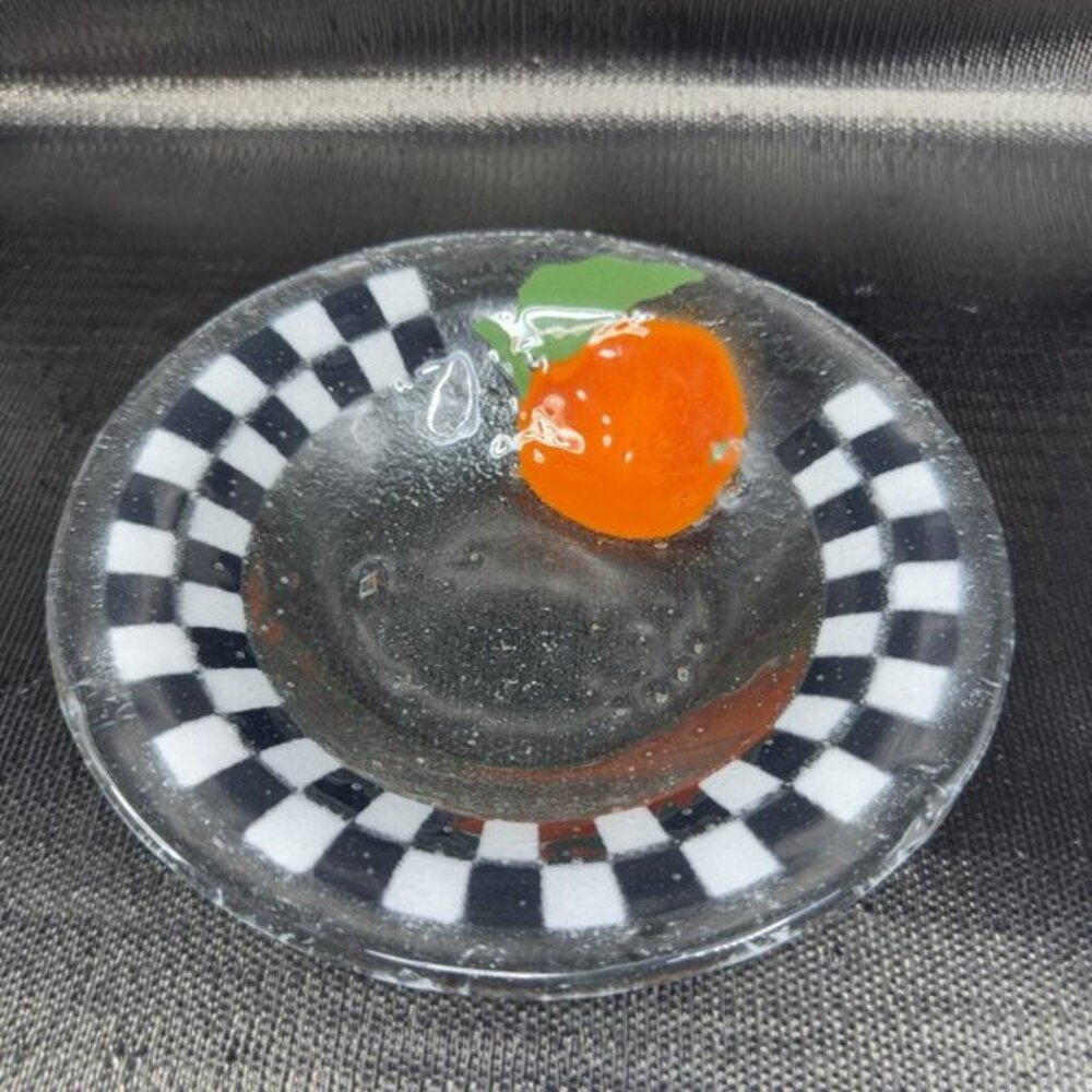 Peggy Karr Fused Glass Checkerboard‎ Plate Dish 8inch With An Orange Glass Bowl